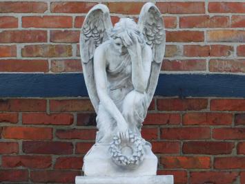 Statue Kneeling Angel with Wreath on Base - 140 cm - Solid Stone