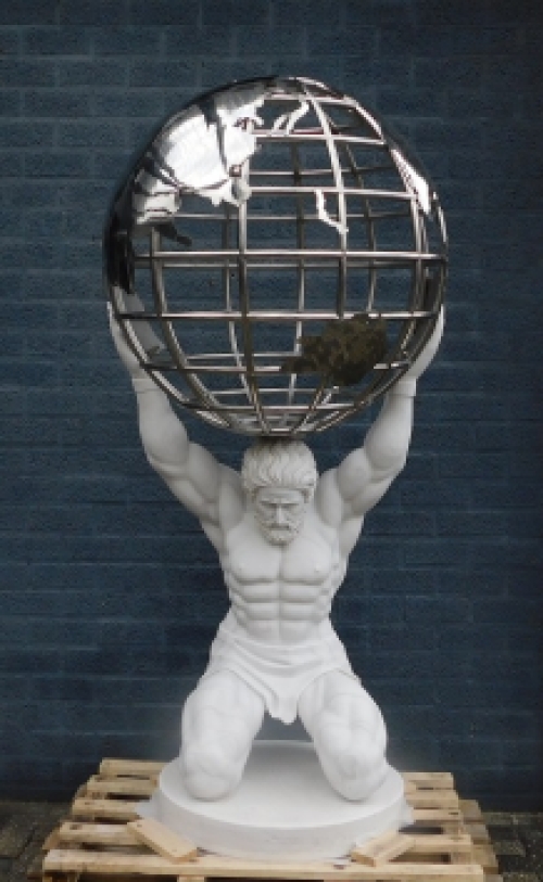 Uniek Marmeren Beeld van Atlas met Nikkel Wereldbol - 195 cm Hoog 