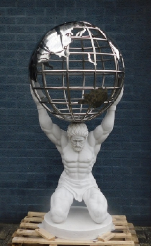 Einzigartige Atlas-Statue mit Weltkugel - Vollmarmor mit Nickel - XXL