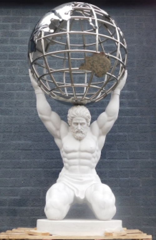 Uniek Marmeren Beeld van Atlas met Nikkel Wereldbol - 195 cm Hoog 