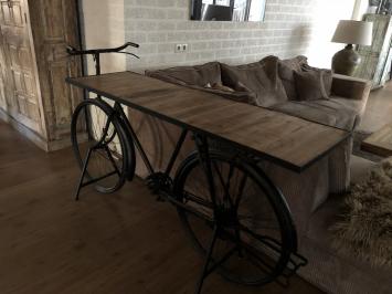 Prachtige sidetable, fiets metaal met houten tafelblad, zeer apart en gaaf!!