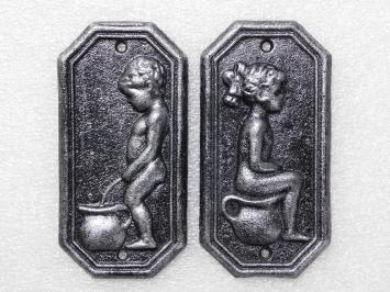 Gietijzeren Toiletbordjes Man & Vrouw – Set van 2 in Old Silver Look