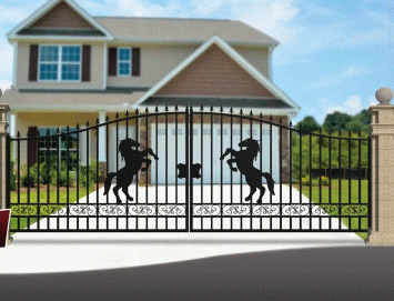 Beautiful black wrought iron gate – 496 cm wide – with rearing horse