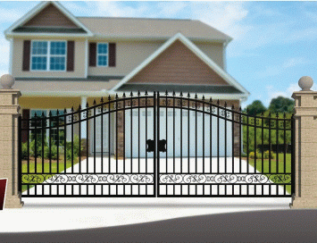 Beautiful black wrought iron gate – 547 cm wide – plain design, beautifully heavy fencing.