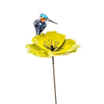 Tuinsteker Gele Bloem met IJsvogel - Metaal