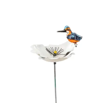 Tuinsteker Bloem met IJsvogel - Metaal - Witte Tuinbloem