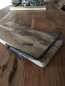 Cutting board with wrought iron bracket, Kitchen board, breakfast board, Sausage board wooden bread board .