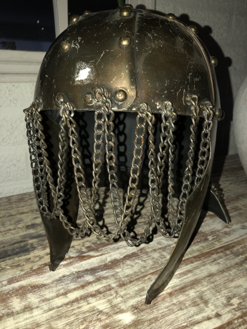 Knight's helmet copper-green, with ear protectors, old condition!