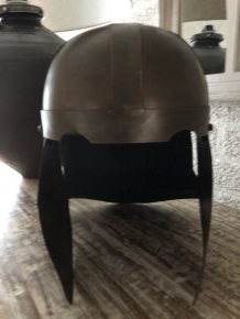 Knight's helmet copper-green metal, with ear protectors, old condition!