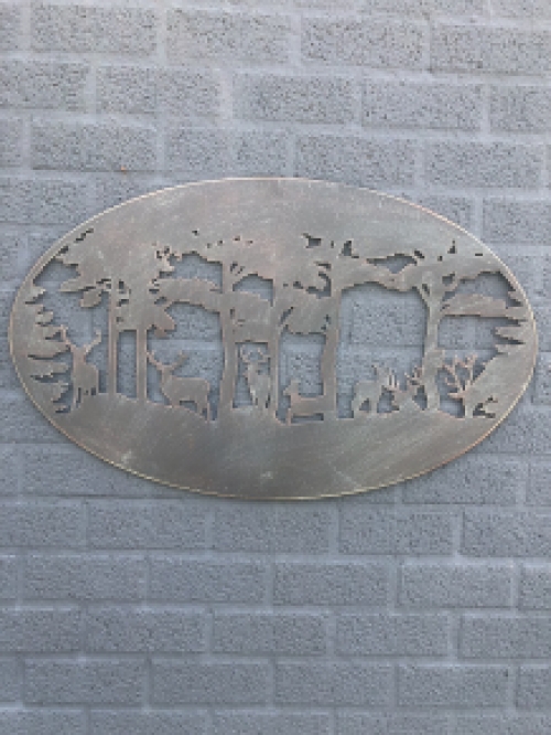 Wall ornament, wall decoration metal oval, deer in the forest.