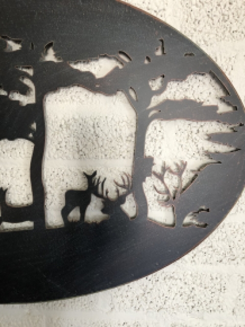 Wall ornament, wall decoration metal oval, deer in the forest.