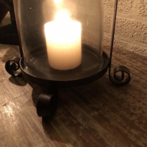 Candlestick, storm lantern, metal-glass, brown, beautiful ironwork.