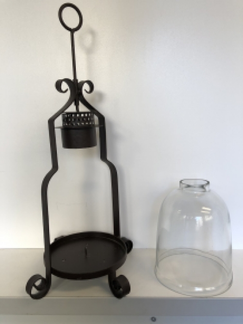 Candlestick, storm lantern, metal-glass, brown, beautiful ironwork.