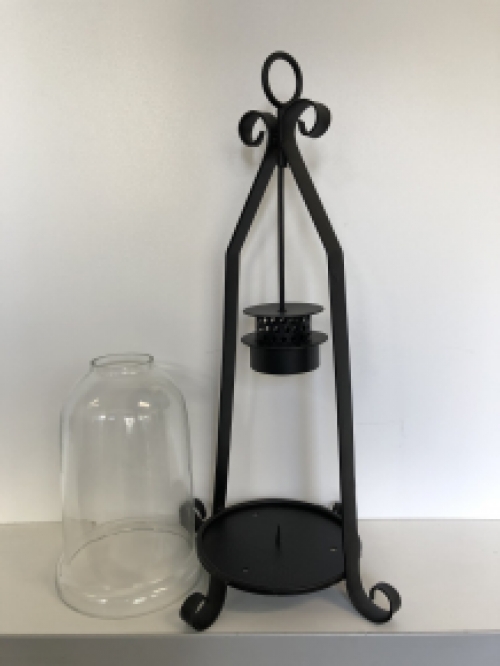 Candlestick, storm lantern, metal-glass, black, beautiful wrought ironwork.