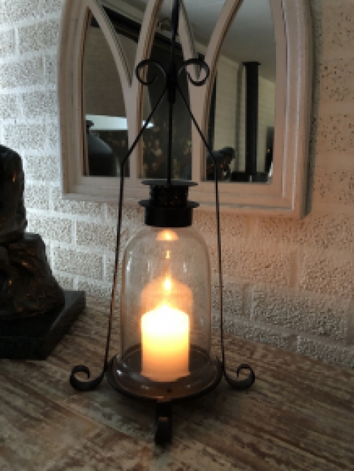 Candlestick, storm lantern, metal-glass, black, beautiful wrought ironwork.