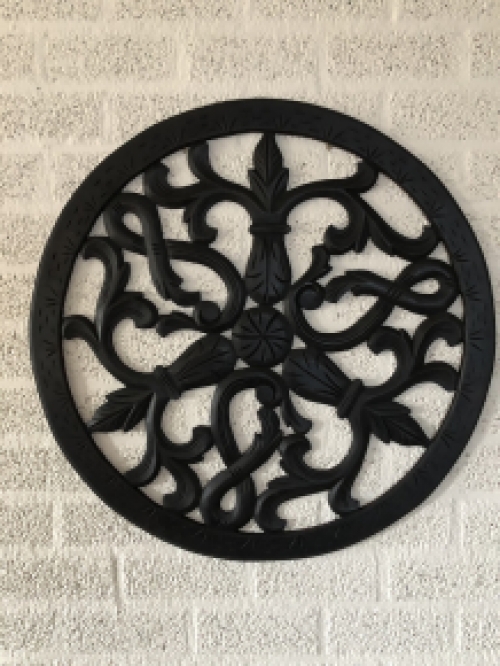 Wall ornament round, decoratively carved, black-brown, beautiful!