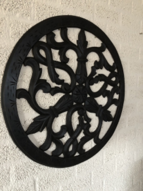 Wall ornament round, decoratively carved, black-brown, beautiful!