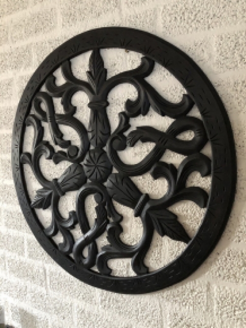 Wall ornament round, decoratively carved, black-brown, beautiful!