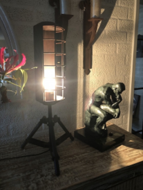 Prachtige industriële staande metalen lamp met fraai rooster, fraai ontwerp.