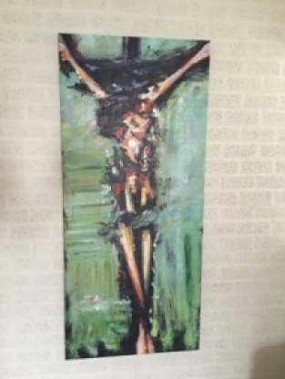 Fors en fraai abstract olieverfdoek van: Jezus aan het kruis.
