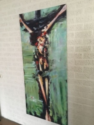 Fors en fraai abstract olieverfdoek van: Jezus aan het kruis.