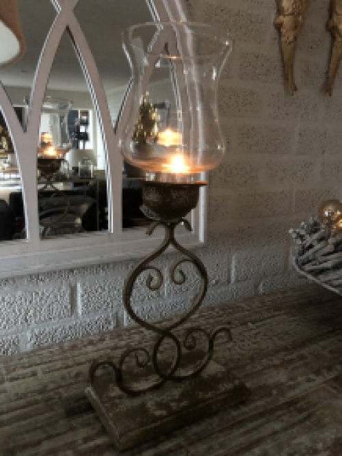 Candlestick, storm lantern, metal-glass, beautiful ironwork in old green-white-rust.