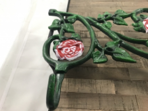 Wall coat rack, cast iron green with roses red, 3 sturdy hooks.