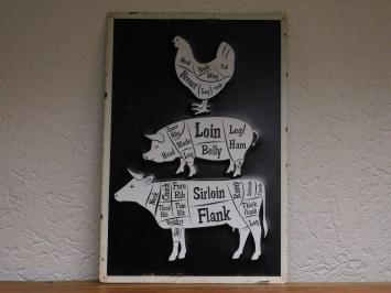 Wandbord Kip, Varken en Koe - Metaal - Butchers 'Guide