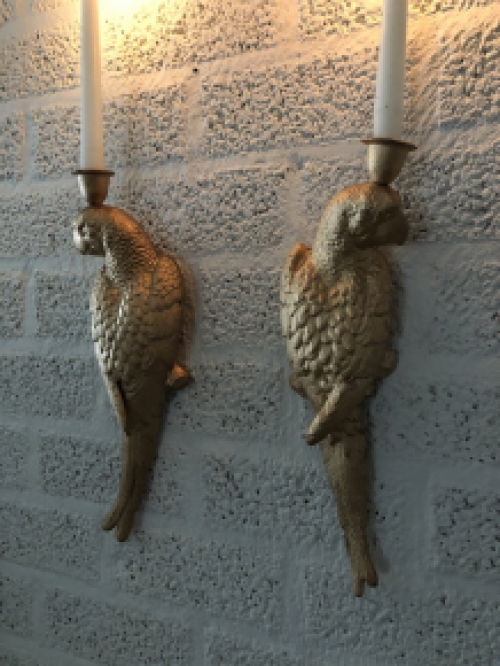 Set of cast iron parrots in gold color as wall candlesticks, beautiful and special!!