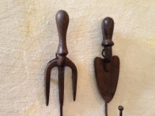 2 wall hooks - for garden tools, cast iron