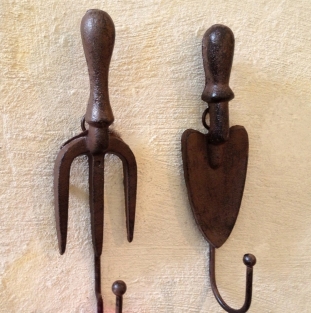2 wall hooks - for garden tools, cast iron