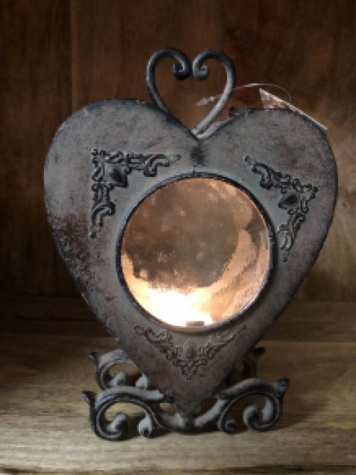 Prachtige lantaarn - hart vorm klassiek-met antiek glas-metaal koper look.
