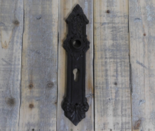 1 heavy Long door plate with cylinder lock keyhole, PZ92 mm antique iron brown- founding era historicism.