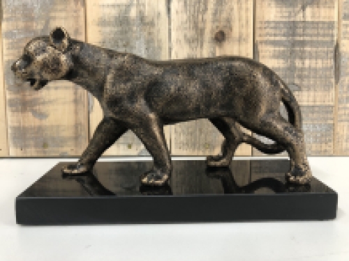 1 Sculpture Leopard, massief ijzer, brons look met marmeren plaat