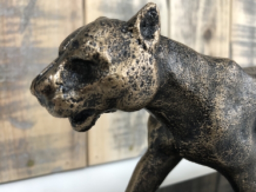 1 Sculpture Leopard, massief ijzer, brons look met marmeren plaat,laatste