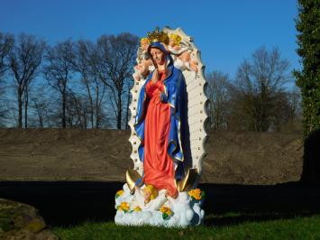 Prachtig fors Maria beeld met engelen en achterplaat, polystone vol in kleur.