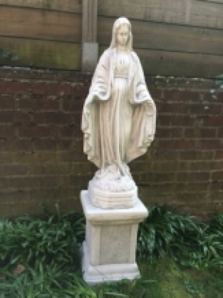 Mary statue on pedestal, garden statue of solid cast stone, beautifully designed heavy statue.