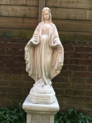 Mary statue on pedestal, garden statue of solid cast stone, beautifully designed heavy statue.