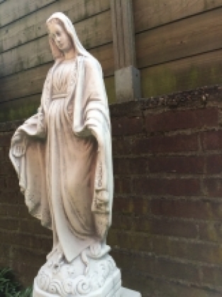 Mary statue on pedestal, garden statue of solid cast stone, beautifully designed heavy statue.