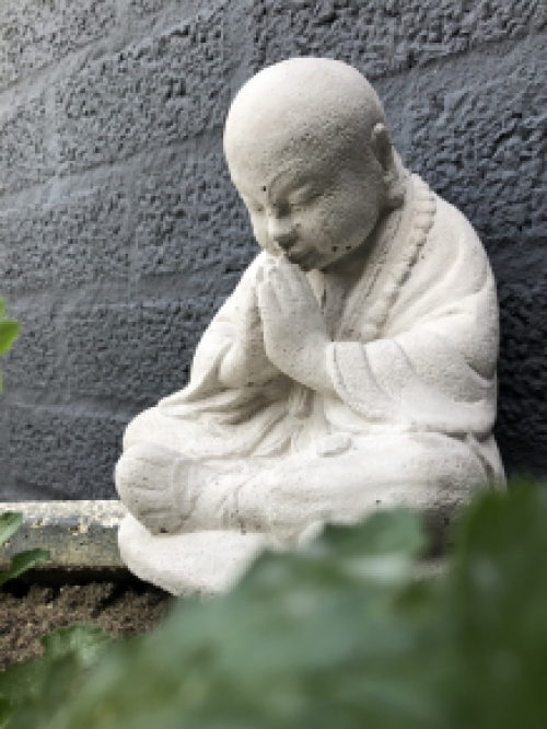 Shaolin Monk sitting praying, full of stone