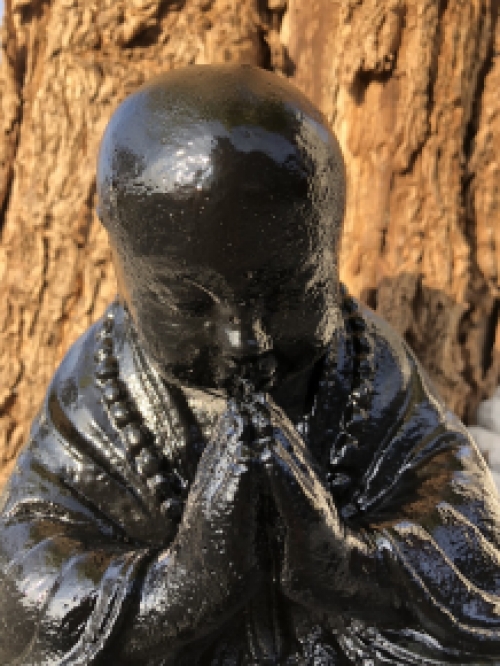 Shaolin Monk sitting praying, full of stone black