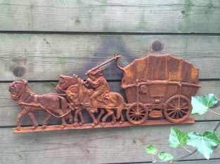 Wall decoration, cast iron fireplace backrest, Farm horse with carriage.