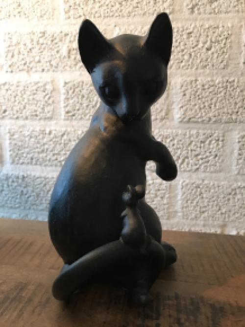 Skulptur: Katze + Maus als Sparschwein