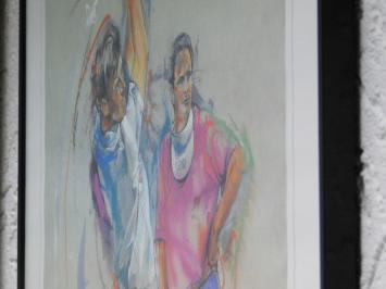 Schilderij met Golfers - By Twan V 1989 - Gesigneerd - Inclusief Lijst