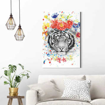 Gemälde Tiger mit Blumen - 90 x 60 cm