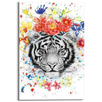 Gemälde Tiger mit Blumen - 90 x 60 cm