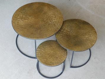 Set of 3 Tables - round - gold with black metal base