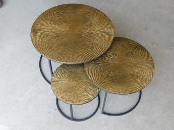 Set of 3 Tables - round - gold with black metal base