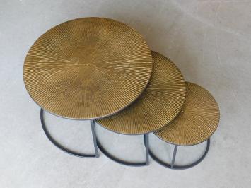 Set of 3 Tables - round - gold with black metal base