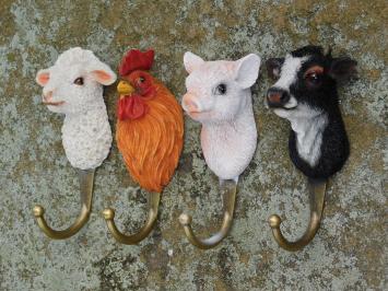 Set of 4 Wall Hooks with Farm Animal Heads – Polyresin & Brass